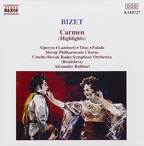 "CD cover for Bizet's Carmen, featuring an illustration of a man and woman arguing."