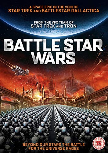 "Battlestar Wars" DVD cover featuring a futuristic battle scene with spaceships and armored soldiers.