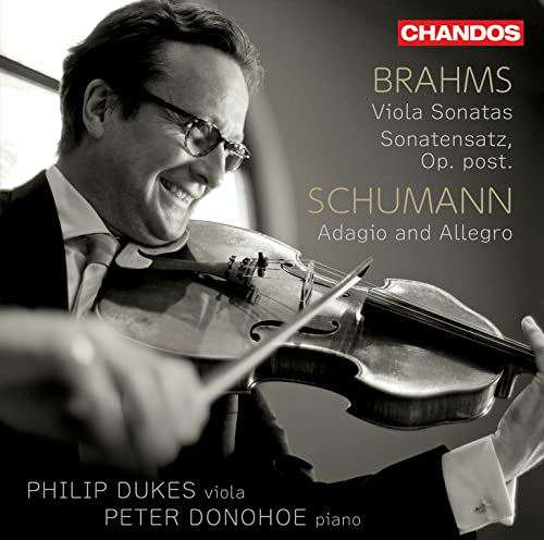 CD cover featuring Philip Dukes playing the viola, with text “Brahms” and “Schumann”.