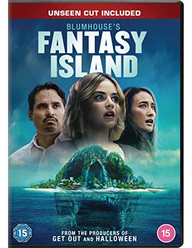 DVD cover for Blumhouse's Fantasy Island featuring three actors above a tropical island scene.