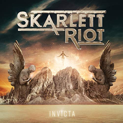 "Album cover for Skarlett Riot's 'Invicta' featuring a surreal landscape with stone statues."