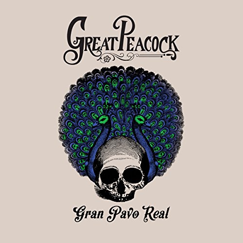 Album cover featuring a skull surrounded by two blue and green peacock feathers.