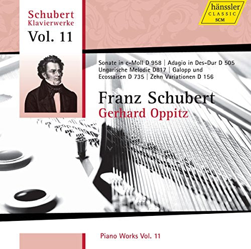 CD cover with black and white piano image, featuring Franz Schubert portrait and text.