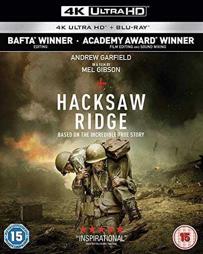 Hacksaw Ridge Blu-ray cover featuring soldiers carrying a wounded comrade, explosions.