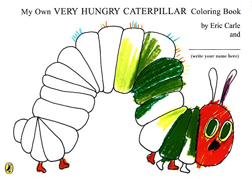 "Colouring book cover featuring a partially coloured caterpillar illustration with a blank space for a name."