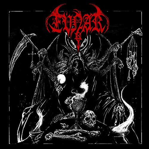 "Black and white illustration of a hooded figure surrounded by skulls and grim reapers."