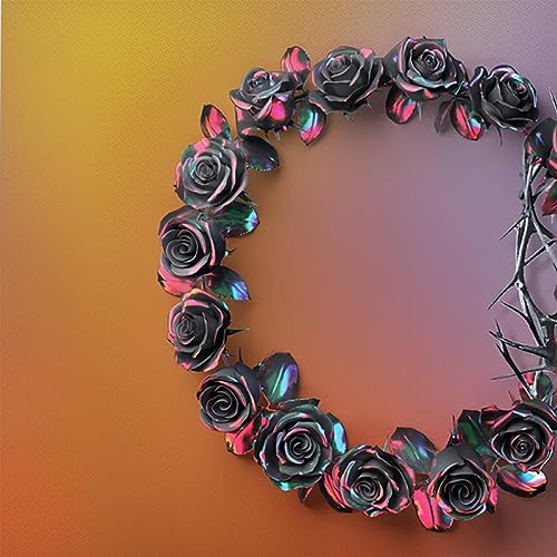 Circular arrangement of dark roses with iridescent sheen on a gradient background.