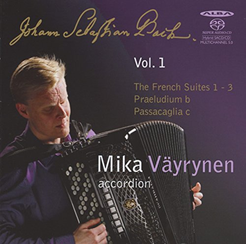 CD cover featuring Mika Vayrynen playing the accordion, purple background.
