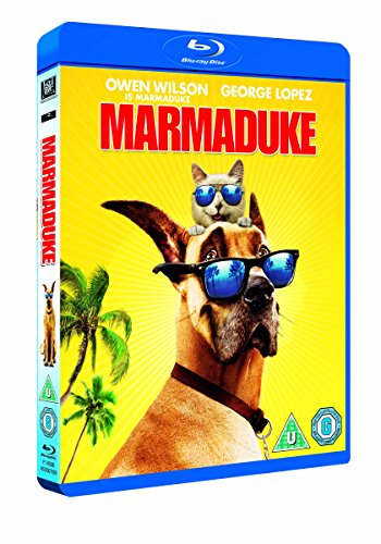 Blu-ray cover for Marmaduke featuring a Great Dane and cat wearing sunglasses.