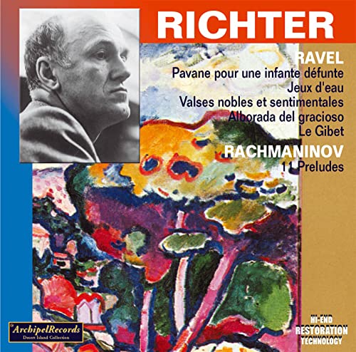 CD cover featuring pianist Richter’s portrait and abstract colorful artwork.