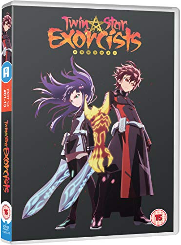DVD case for "Twin Star Exorcists" featuring anime characters with swords on a dark background.