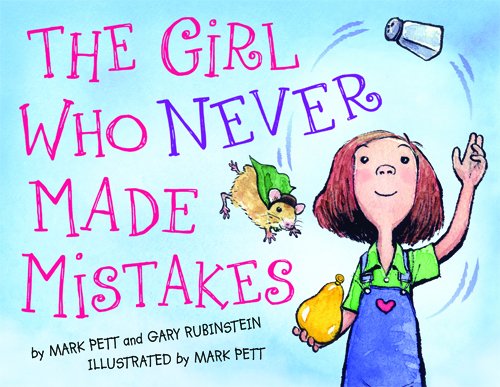 "The Girl Who Never Made Mistakes" book cover featuring a cartoon girl juggling items.