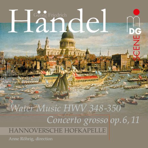 CD cover: Baroque cityscape with boats, text “Handel: Water Music.”