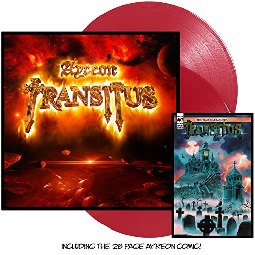 Ayreon Transitus red vinyl record with album cover and comic book.