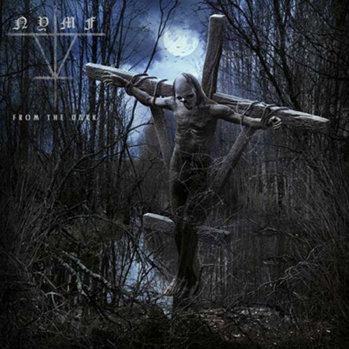 Pale figure on a wooden cross in a dark, overgrown forest.