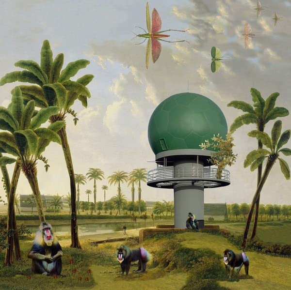 Surreal landscape with a dome, palm trees, and seated monkeys.