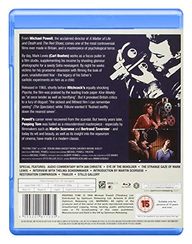 Blu-ray case for “Peeping Tom” featuring a man with a camera and film stills.