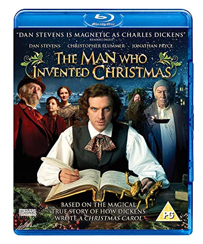 Blu-ray cover for "The Man Who Invented Christmas" featuring Charles Dickens.