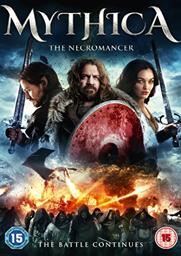 DVD cover for "Mythica: The Necromancer" featuring three warriors and a burning battle scene.