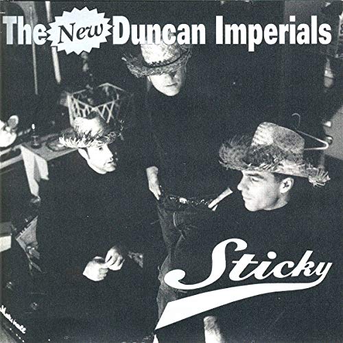Black and white album cover featuring three people wearing straw hats.