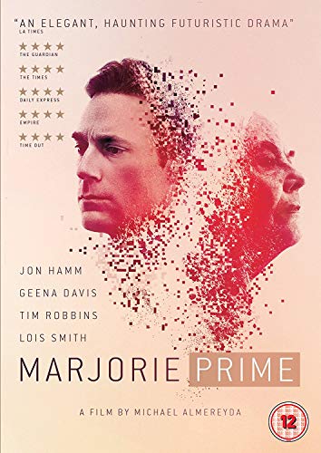 "Marjorie Prime DVD cover featuring a man's face disintegrating into pixels beside an older version."