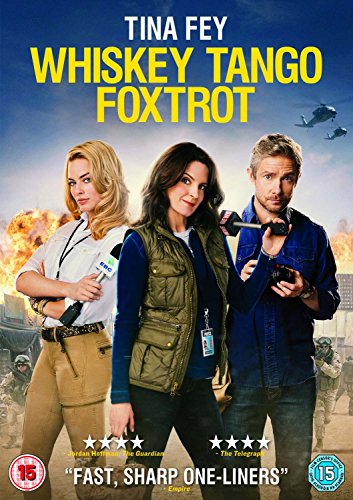 DVD cover for "Whiskey Tango Foxtrot" featuring three main characters in a war zone.