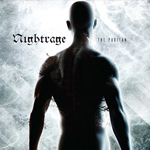 "Album cover art featuring a bald man with a shattered face, dark and gray tones."