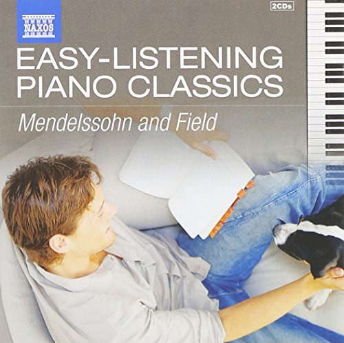 "Piano music CD cover featuring a man relaxing on a couch with a dog."