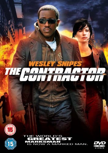 DVD cover for "The Contractor" featuring Wesley Snipes and a woman amidst a burning cityscape.
