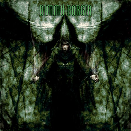 "Album cover with dark figure and green text 'Dimmu Borgir' on a dark, eerie background."
