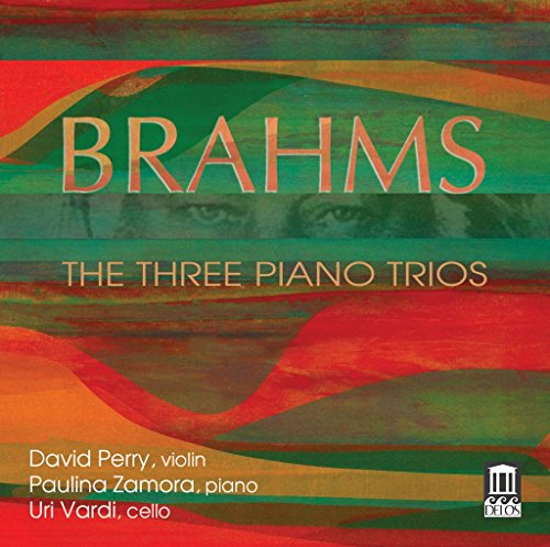 CD cover for Brahms' Three Piano Trios, featuring abstract art and text.