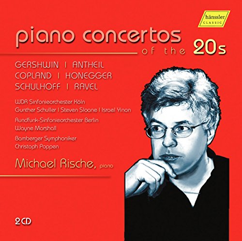 Red CD cover with a black-and-white portrait and white text listing composers and musicians.