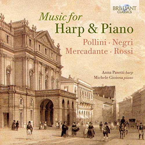 CD cover: classical music, harp and piano, building illustration.