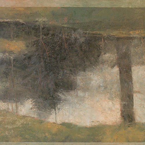 Abstract painting of a dark structure over light, textured ground.