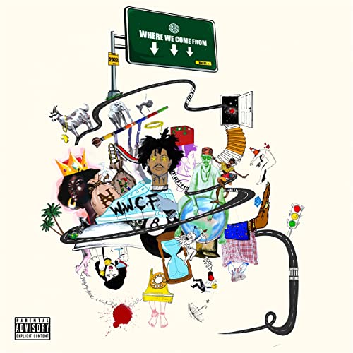 Album cover: colorful collage of people, animals, and road signs.