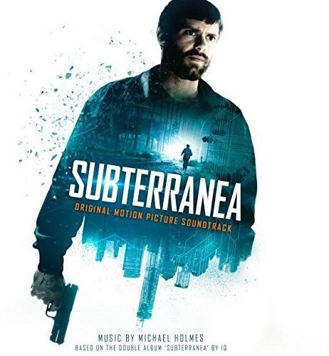 "Album cover for 'Subterranea' featuring a man holding a gun, with cityscape overlay."