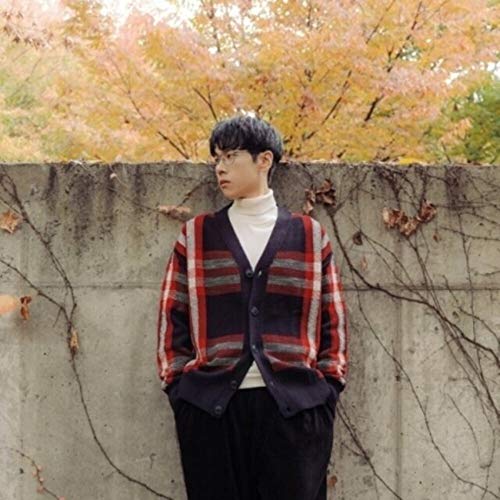 Ahn Hyosung stands against a concrete wall with autumn foliage.