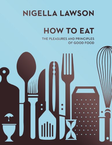 "Book cover with kitchen utensils in brown and blue, by Nigella Lawson."