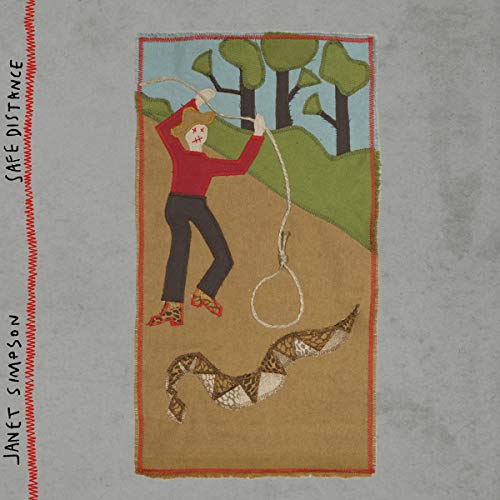 "Album cover art: cartoon woman lassoing a snake, grey background, red border."