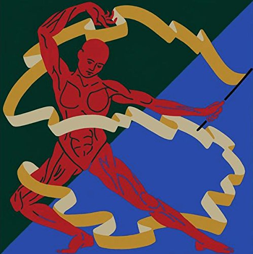 Red figure entwined with yellow ribbon on a blue and green background.