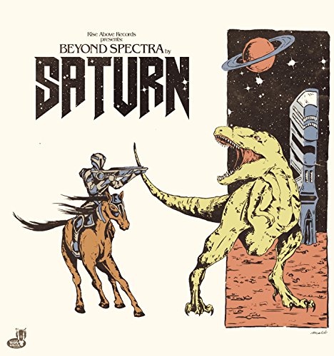 Vinyl album cover: Saturn, dinosaur, knight, and futuristic city illustration.