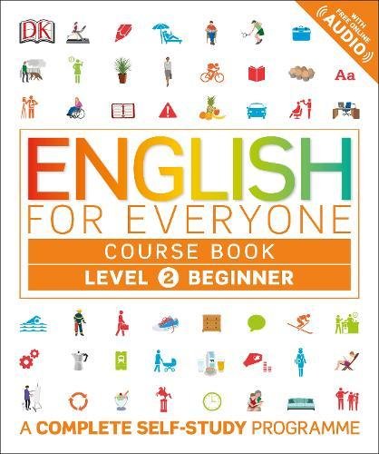 "Book cover with 'English for Everyone' title, surrounded by various activity icons, on a white background."