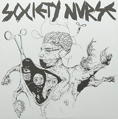 Black and white sketch of a distorted human figure with surgical tools.