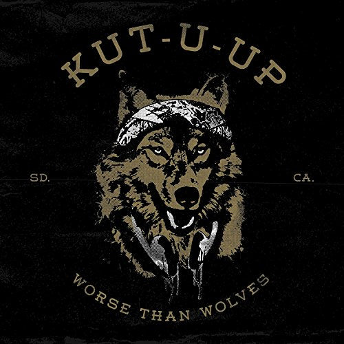 A wolf wearing a bandana and headphones, with text reading Kut-U-Up Worse Than Wolves.