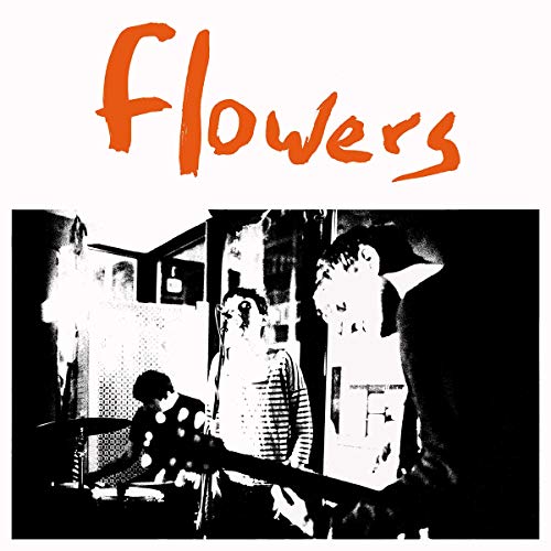 Black and white band photo with orange "Flowers" text above.