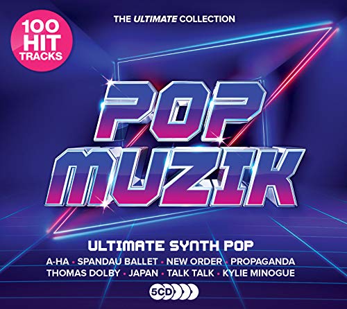 "CD cover with 'Pop Muzik' in neon-lit font on a dark blue background."