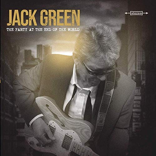 Jack Green album cover, sepia tone, man with guitar, city background.