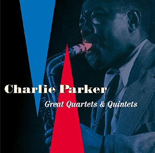 Charlie Parker playing saxophone, album cover with blue and red geometric shapes.