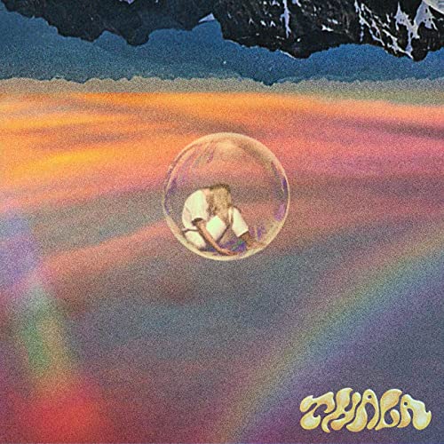 Person inside a bubble against a colorful, textured sky.