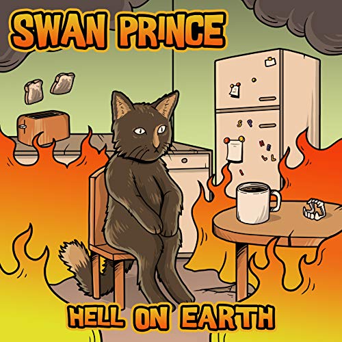 Cartoon of a grey cat sitting in a kitchen surrounded by orange flames.